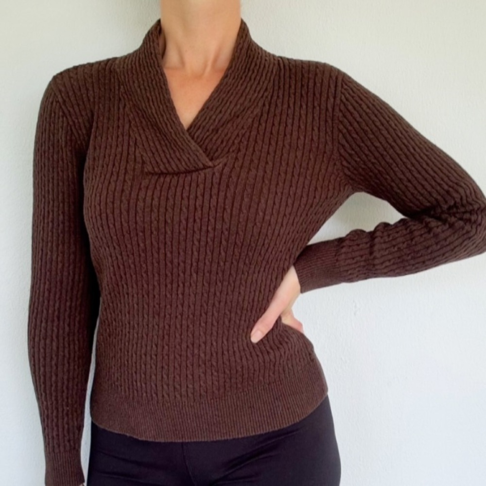 Vintage Pria dark brown textured cable knit collared v-neck sweater size medium